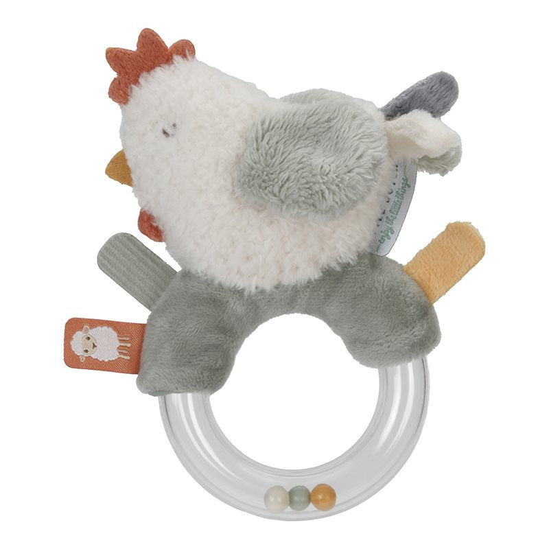 Dieser Ringrassel in Form eines Huhns wird die Neugierde Ihres Babys wecken. Klatschen Sie mit den Flügeln oder reiben Sie den weichen Bauch. Der transparente Ring ist mit 3 kleinen Perlen gefüllt, die klappern, wenn Ihr Kind damit spielt.