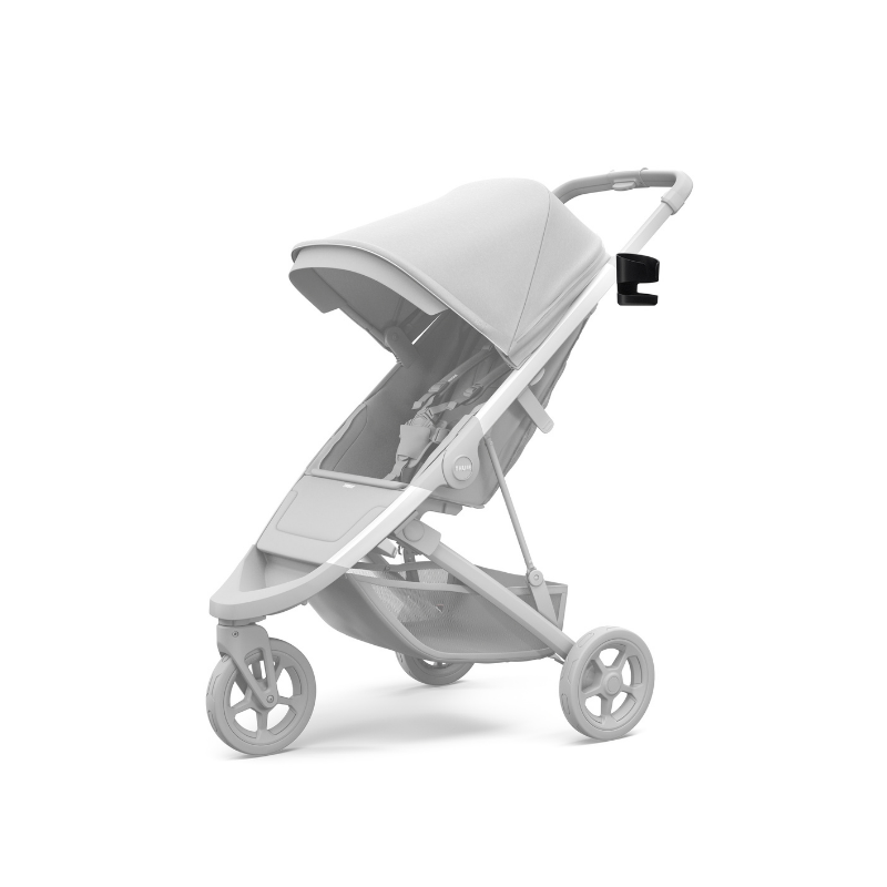 Thule Kinderwagen mit montiertem Becherhalter – mit schwarzem Getränkehalter am Schiebegrif