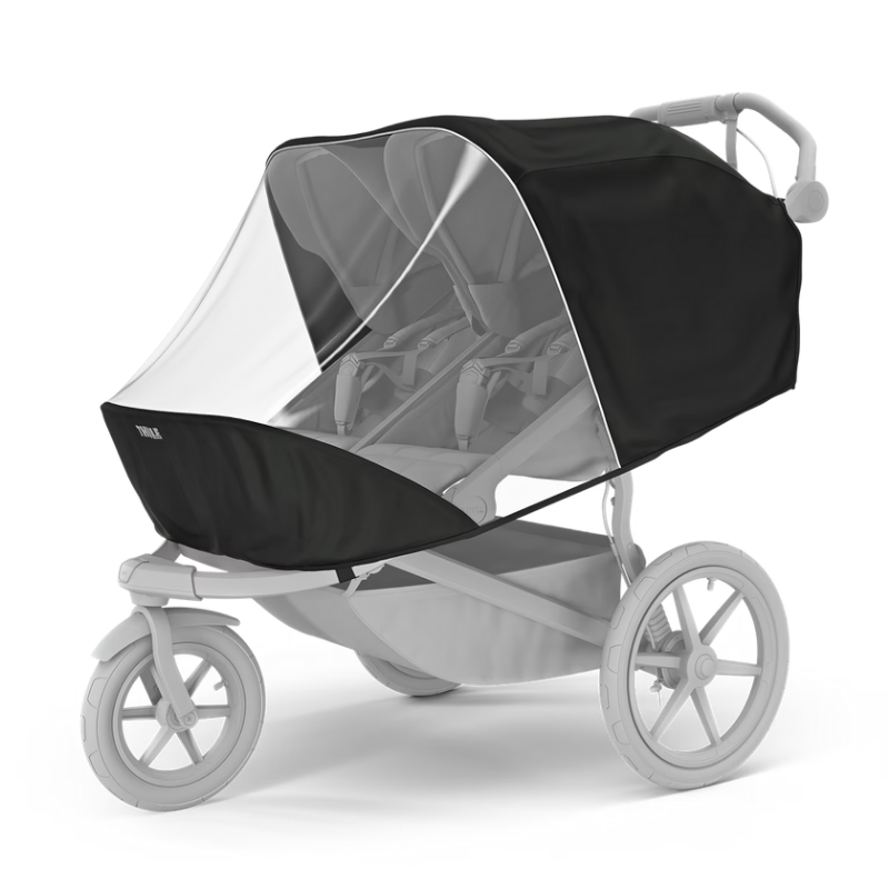Thule Doppelkinderwagen mit schwarzem Regenschutz und transparentem Sichtfenster