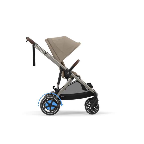 Cybex Kinderwagen e-Gazelle in Beige, seitliche Ansicht im aufgeklappten Zustand mit verstellbarem Sonnendach und gefederten Hinterrädern – leichter, kompakter Premium-Kinderwagen für Stadt und Reise