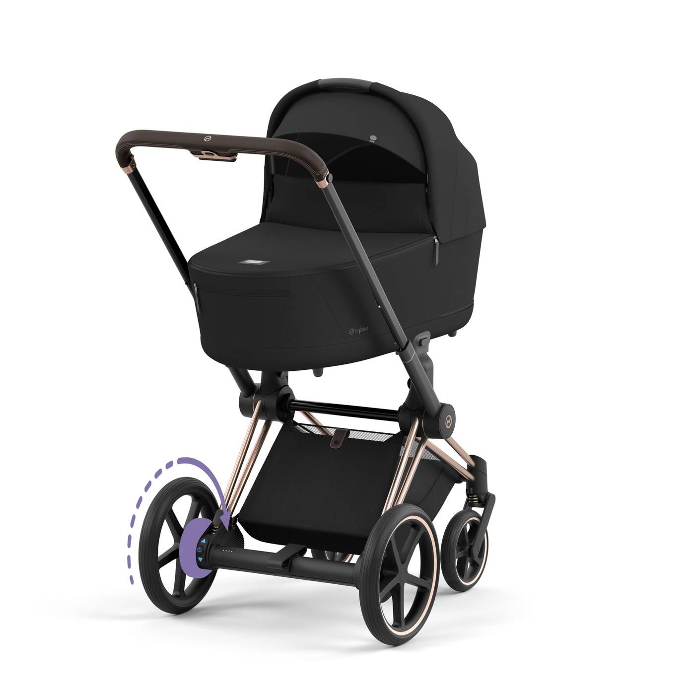 Cybex e-Priam Kinderwagen mit Babywanne und elektrischem Antriebssystem für müheloses Schieben 
Mit Rosegold Rahmen und Carry Cot in Sepia Black.