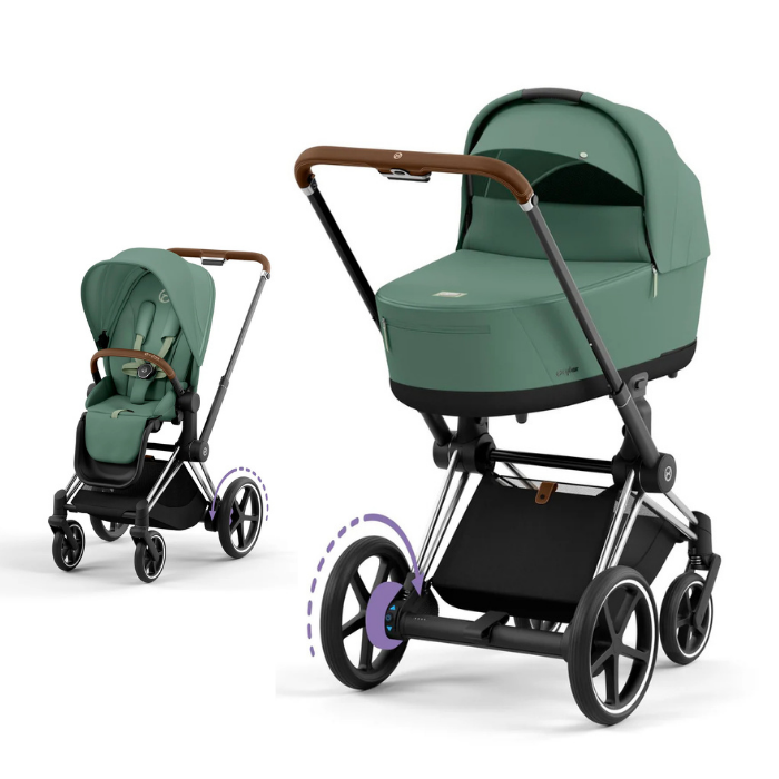 Cybex e-Priam Kinderwagen mit Babywanne und Sportsitz in der Farbe Leaf Green und Chrome Brown Details Rahmen.
