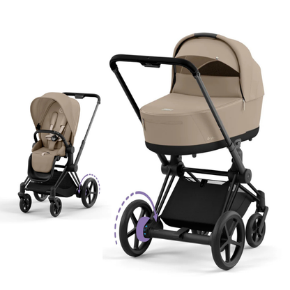Cybex e-Priam Kinderwagen mit Babywanne und Sportsitz in der Farbe Cozy Beige und Matt Black Rahmen.