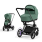 Cybex e-Priam Kinderwagen mit Babywanne und Sportsitz in der Farbe Leaf Green und Matt Black Rahmen.