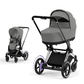 Cybex e-Priam Kinderwagen mit Babywanne und Sportsitz in der Farbe Mirage Grey und Chrome Black Details Rahmen.