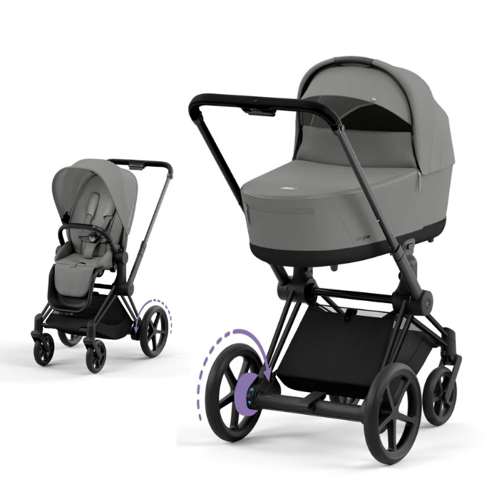 Cybex e-Priam Kinderwagen mit Babywanne und Sportsitz in der Farbe Mirage Grey und Matt Black Rahmen.