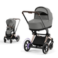Cybex e-Priam Kinderwagen mit Babywanne und Sportsitz in der Farbe Mirage Grey und Rosegold Rahmen.