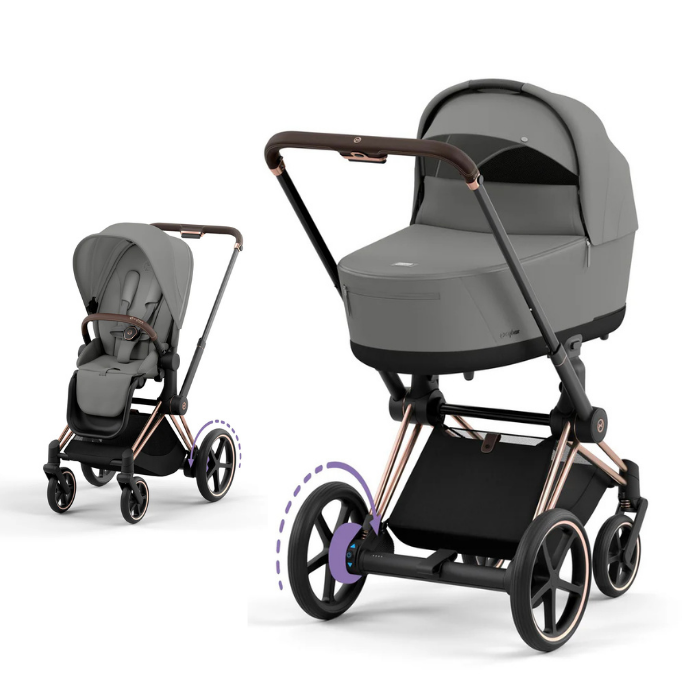 Cybex e-Priam Kinderwagen mit Babywanne und Sportsitz in der Farbe Mirage Grey und Rosegold Rahmen.