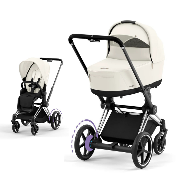 Cybex e-Priam Kinderwagen mit Babywanne und Sportsitz in der Farbe Off White und Chrome Black Details Rahmen.