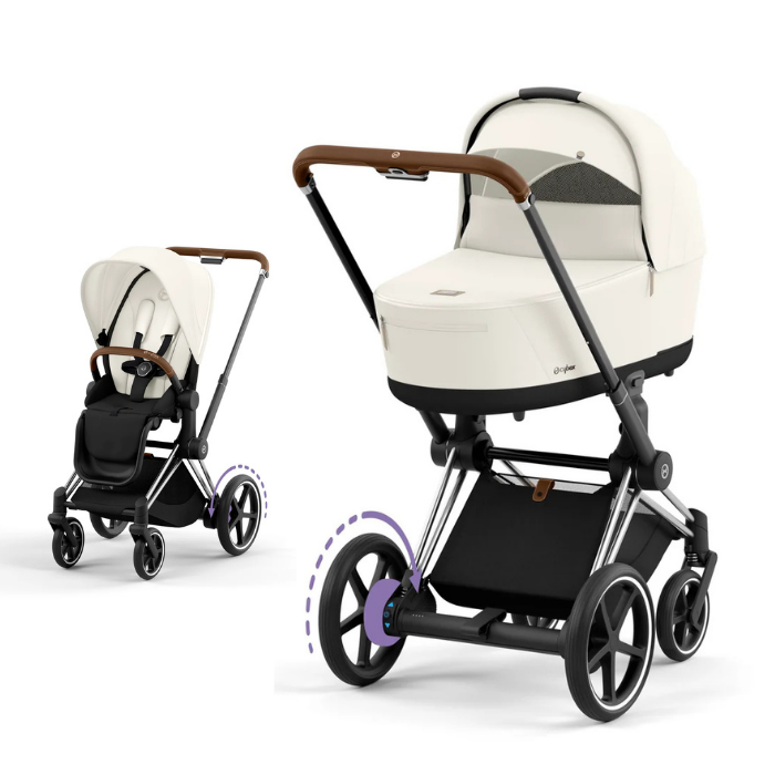 Cybex e-Priam Kinderwagen mit Babywanne und Sportsitz in der Farbe Off White und Chrome Brown Details Rahmen.