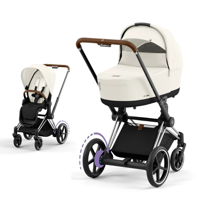 Cybex e-Priam Kinderwagen mit Babywanne und Sportsitz in der Farbe Off White und Chrome Brown Details Rahmen.