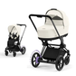 Cybex e-Priam Kinderwagen mit Babywanne und Sportsitz in der Farbe Off White und Matt Black Rahmen.
