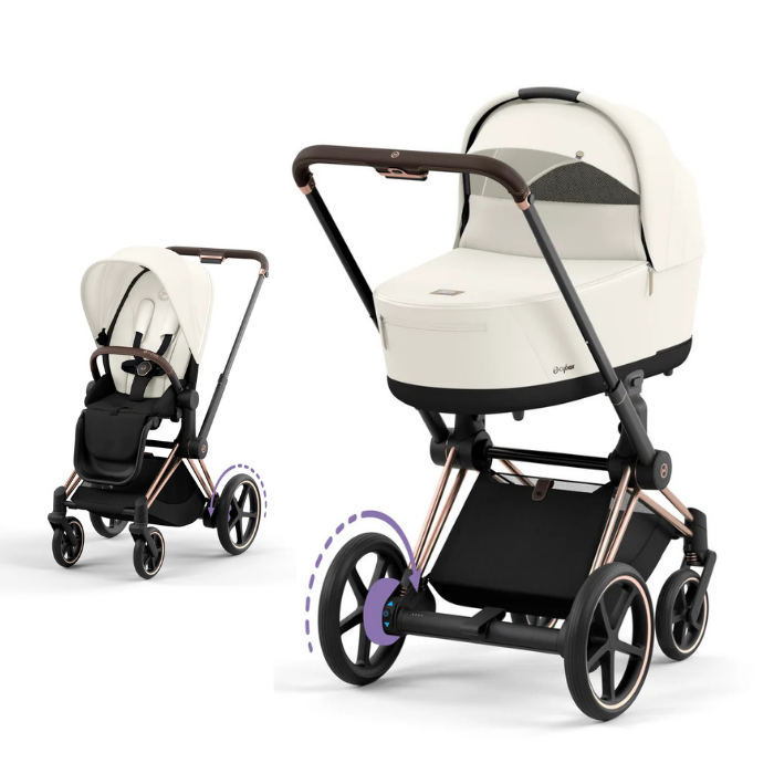 Cybex e-Priam Kinderwagen mit Babywanne und Sportsitz in der Farbe Off White und Rosegold Rahmen.