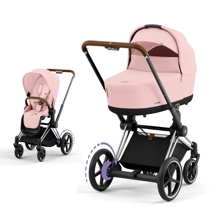 Cybex e-Priam Kinderwagen mit Babywanne und Sportsitz in der Farbe Peach Pink und Chrome Brown Details Rahmen.