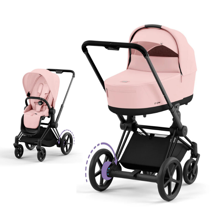 Cybex e-Priam Kinderwagen mit Babywanne und Sportsitz in der Farbe Peach Pink und Matt Black Rahmen.