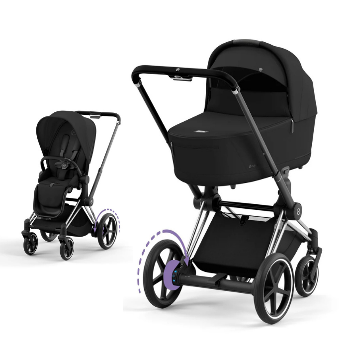 Cybex e-Priam Kinderwagen mit Babywanne und Sportsitz in der Farbe Sepia Black und Chrome Black Details Rahmen.