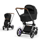 Cybex e-Priam Kinderwagen mit Babywanne und Sportsitz in der Farbe Sepia Black und Chrome Brown Details Rahmen.