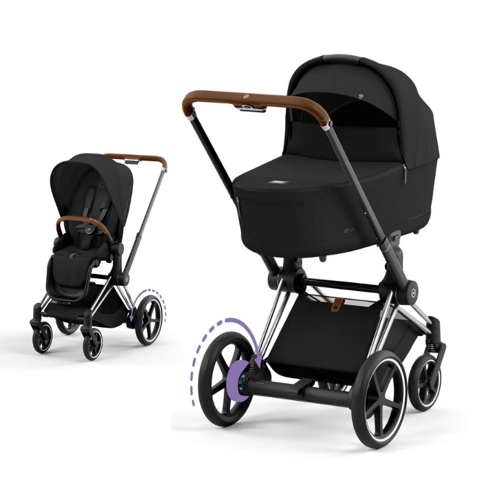Cybex e-Priam Kinderwagen mit Babywanne und Sportsitz in der Farbe Sepia Black und Chrome Brown Details Rahmen.