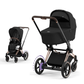 Cybex e-Priam Kinderwagen mit Babywanne und Sportsitz in der Farbe Sepia Black und Rosegold Rahmen.