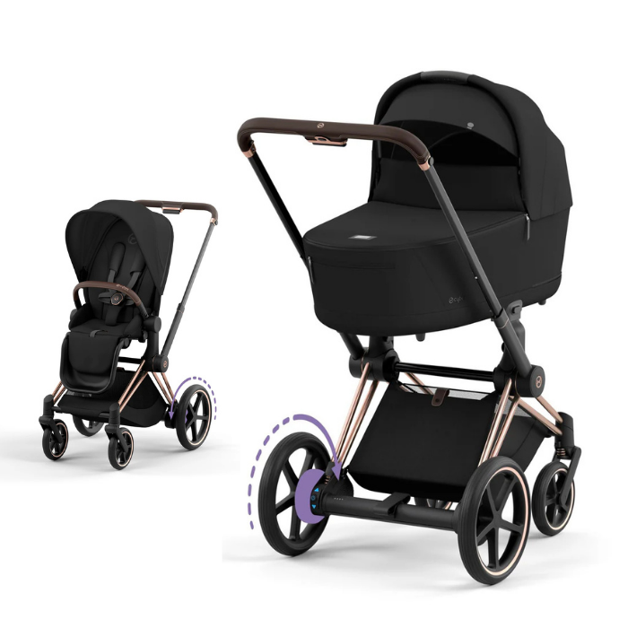 Cybex e-Priam Kinderwagen mit Babywanne und Sportsitz in der Farbe Sepia Black und Rosegold Rahmen.