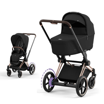 Cybex e-Priam Kinderwagen mit Babywanne und Sportsitz in der Farbe Sepia Black und Rosegold Rahmen.