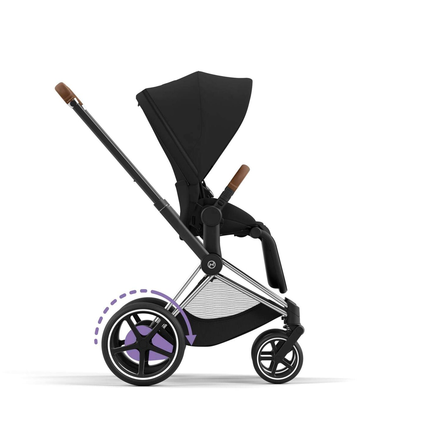 Cybex e-Priam mit Sportsitz und aktiver elektrischer Unterstützung für Steigungen und Gefälle.
Rahmen in der Farbe Chrome with Black Details und Sportsitz in der Farbe Sepia Black