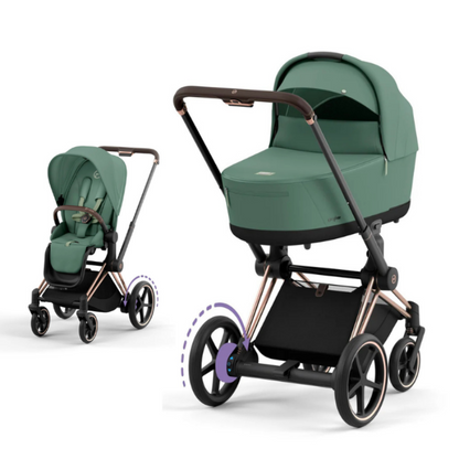 Cybex e-Priam Kinderwagen mit Babywanne und Sportsitz in der Farbe Leaf Green und Rosegold Rahmen.
