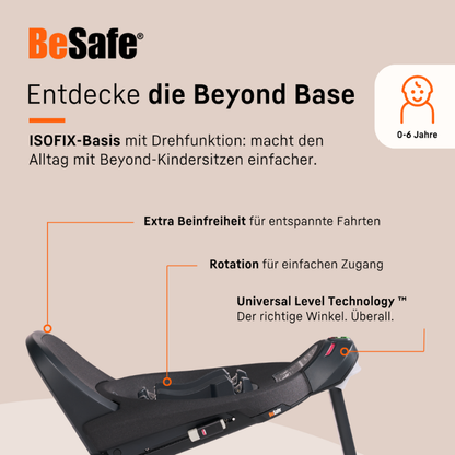 Grafik zur BeSafe Beyond Base mit Abbildung der ISOFIX-Basis und Texthinweisen zu Beinfreiheit, Rotationsfunktion und Universal Level Technology für 0–6 Jahre.