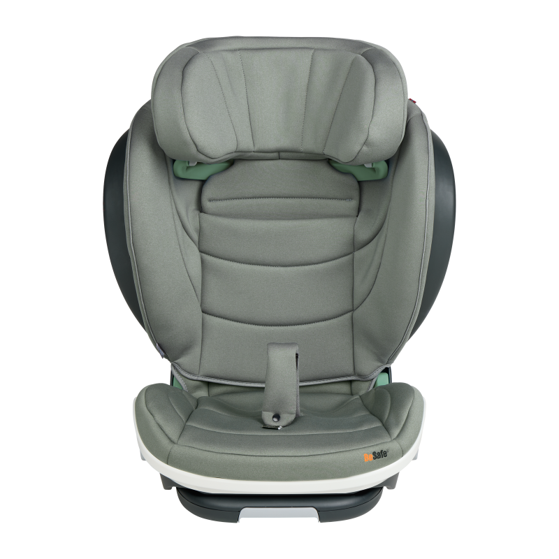 Grüner Kindersitz mit hoher Rückenlehne, seitlichen Schutzpolstern und gepolsterter Sitzfläche in Frontansicht