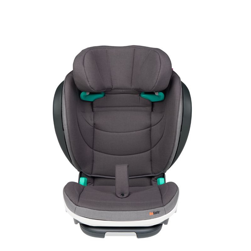 Grauer Kindersitz mit hoher Rückenlehne, seitlichen Schutzpolstern und gepolsterter Sitzfläche in Frontansicht