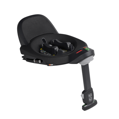 Schwarze Babyschalen- und Kindersitzbasis mit ISOFIX-Halterungen und integrierten Befestigungspunkten in seitlicher Ansicht von Besafe Beyond System