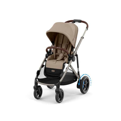 Elektrischer Kinderwagen mit Sportsitz und zusätzlichem Stauraum – flexibler Kombikinderwagen mit Akkuunterstützung und Wiegefunktion in Beige.