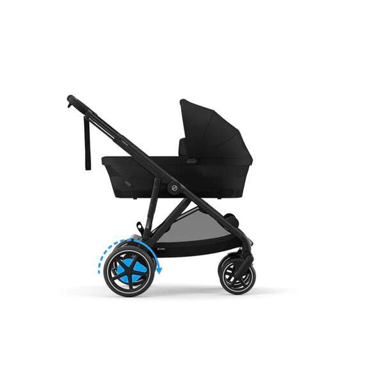 Elektrischer Kinderwagen mit Gazelle Cot Babywanne in Schwarz mit Schwarzen Rahmen – moderner Kombikinderwagen mit Akkuunterstützung und Wiegefunktion.