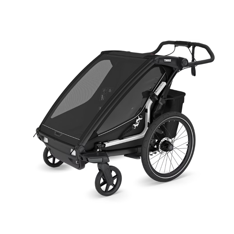 Thule Chariot Sport Kinderanhänger in Schwarz – multifunktionaler Fahrradanhänger und Buggy mit zwei kleinen Vorderrädern, Federung und wetterfestem Verdeck