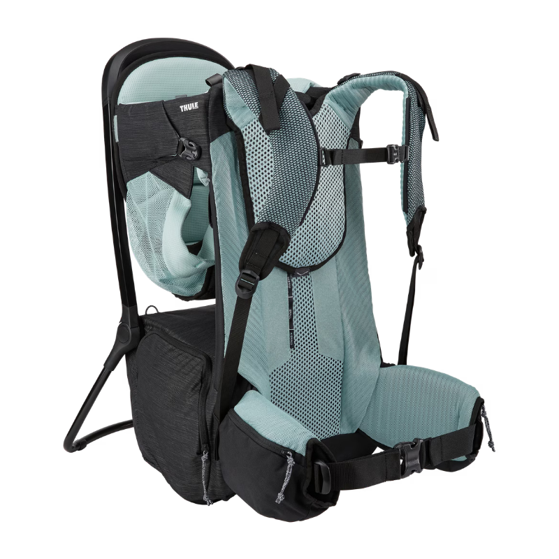 Thule Kindertrage mit ergonomischem Rückensystem – türkis-schwarzer Tragerucksack mit atmungsaktiven Schultergurten, Hüftgurt und Belüftungspolster für Wanderungen