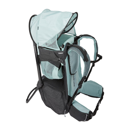 Thule Kindertrage mit integriertem Sonnenschutz – schwarze und türkisfarbene Rückentrage für Kinder mit Belüftungssystem, Stauraum und ergonomischem Tragesystem