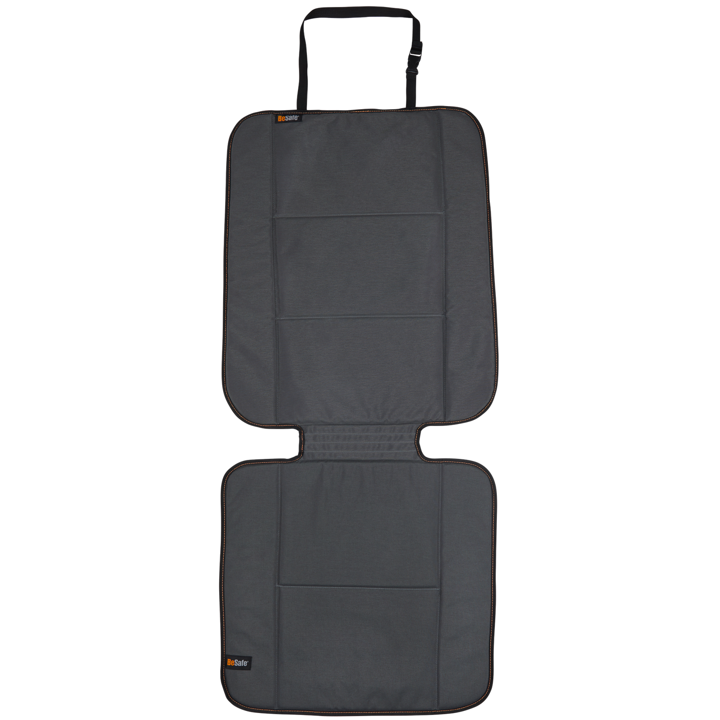 Graue, zweiteilige Autositzschutzmatte mit verstellbarem Gurt oben und verstärkten, gepolsterten Flächen in vollständiger Aufsicht