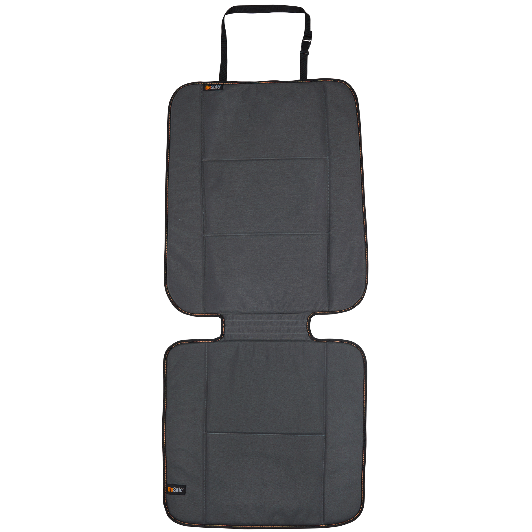 Graue, zweiteilige Autositzschutzmatte mit verstellbarem Gurt oben und verstärkten, gepolsterten Flächen in vollständiger Aufsicht